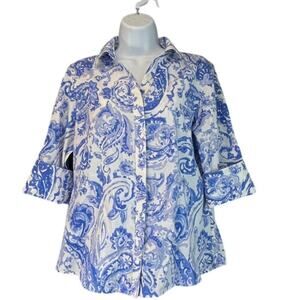 Chico’s Womens 1 S/8 Blue/White 3/4 Sleeves Paisley 100% Cotton Non-Iron Top